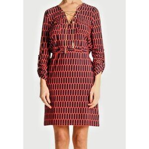 Michael Kors Geometric Chain Lace Up Long Sleeve Dress 1X  with Belt